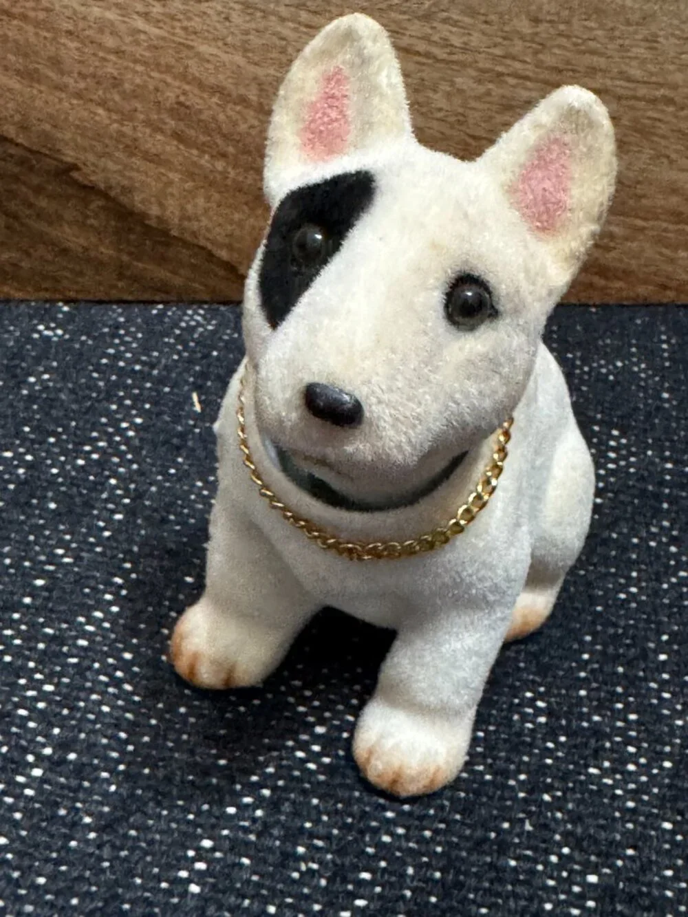 English Bull Terrier Nodder Bobble Dog Flocked Figurine, Vintage Circa 1980-90s